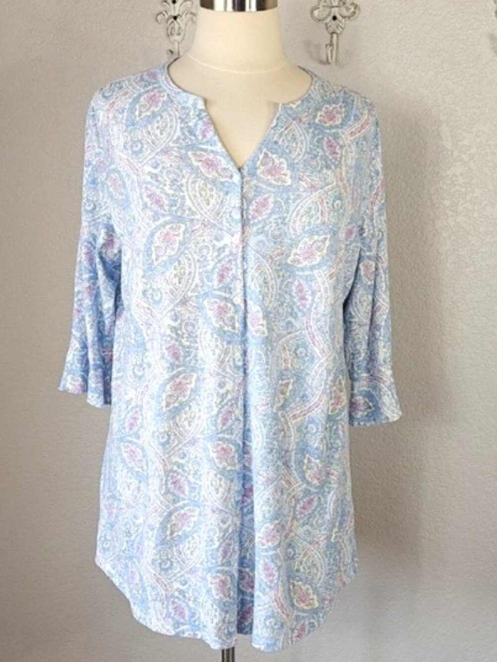 Lauren Ralph Lauren 1X Sleepshirt Blue Paisley V-neck 3/4 Sleeve